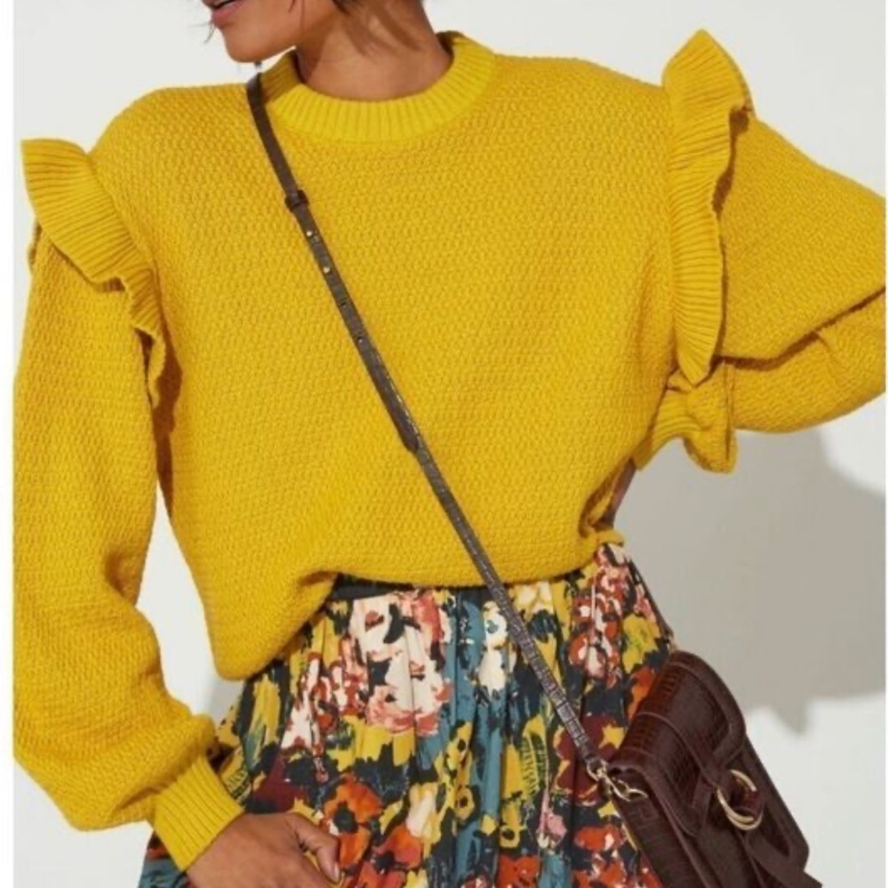 Cleobella Yara Sweater Flutter Sleeve Knit Sweater Citrine  M NWT